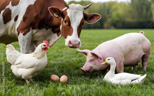 Cow  Pig  Chicken  Duck and Eggs in Green Pasture