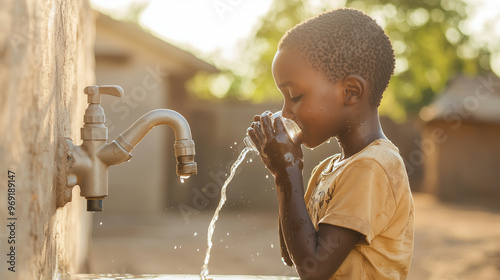 Young African Boy Drinking Water from Faucet: Sad Expression, Liquid Splashing, Illustrating Poverty and Drought Issues in an Outdoor Village Setting. photo