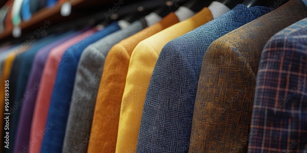 Obraz premium A vibrant array of men's jackets in various colors and patterns meticulously arranged on display in a high-end fashion boutique