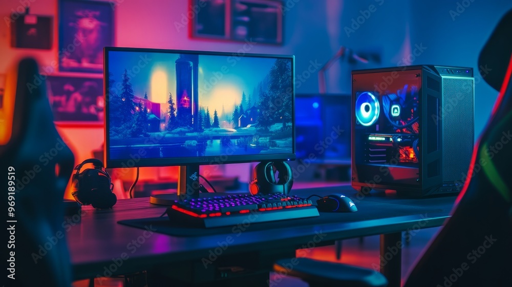 Naklejka premium A gaming table in a dark room, illuminated only by RGB lights from the keyboard, mouse, and PC case