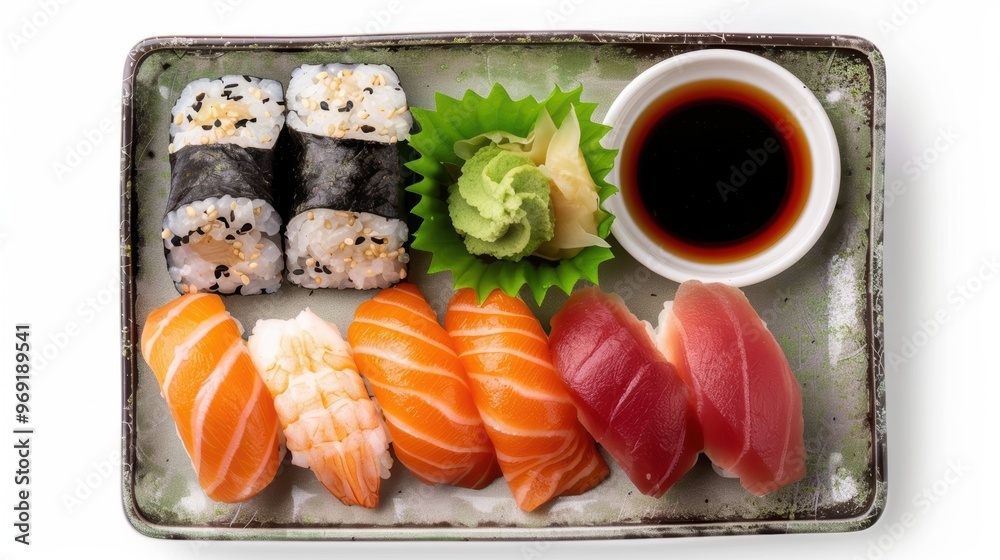 Fresh sushi platter with nigiri, maki rolls, soy sauce, and wasabi