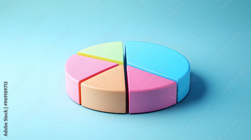 Fototapeta premium Colorful 3D pie chart, vibrant pastel colors, blue, pink, yellow, green segments, abstract data visualization, minimalist design, soft gradient background, clean aesthetic.