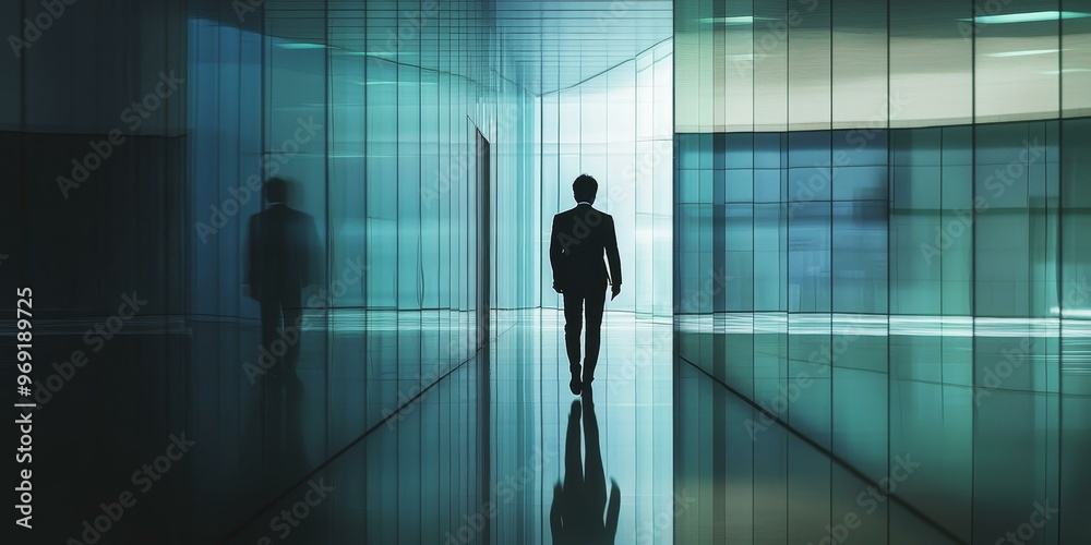 Fototapeta premium Man walks through glass corridor.