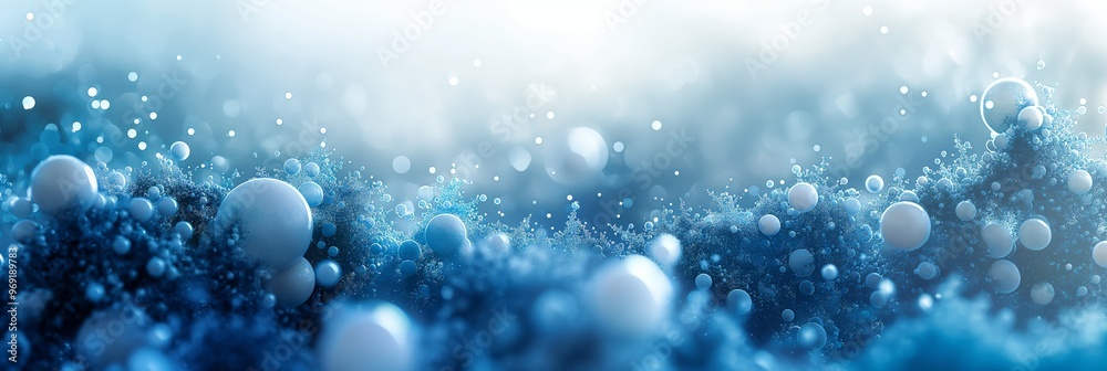 A microcosm scene featuring white and azure bubbles against a blurred blue background, creating an abstract underwater effect A microcosm scene featuring white and azure bubbles against a blurred blue background, creating an abstract underwater effect