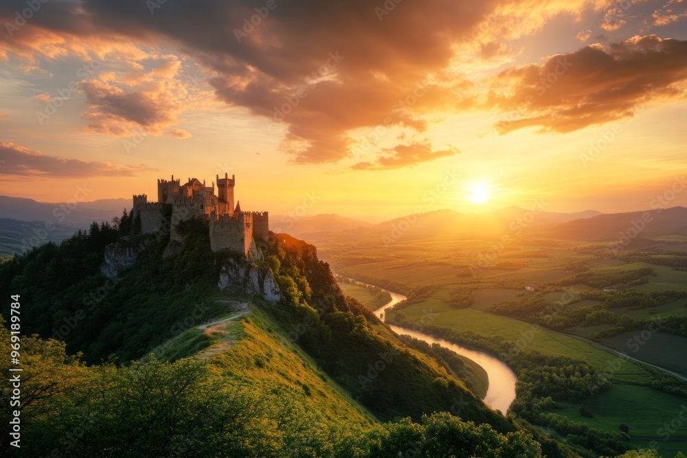 A majestic castle sits atop a hill overlooking a winding river. The sunset casts warm hues across the landscape. Perfect for fantasy and adventure themes. Generative AI A majestic castle sits atop a hill overlooking a winding river. The sunset casts warm hues across the landscape. Perfect for fantasy and adventure themes. Generative AI