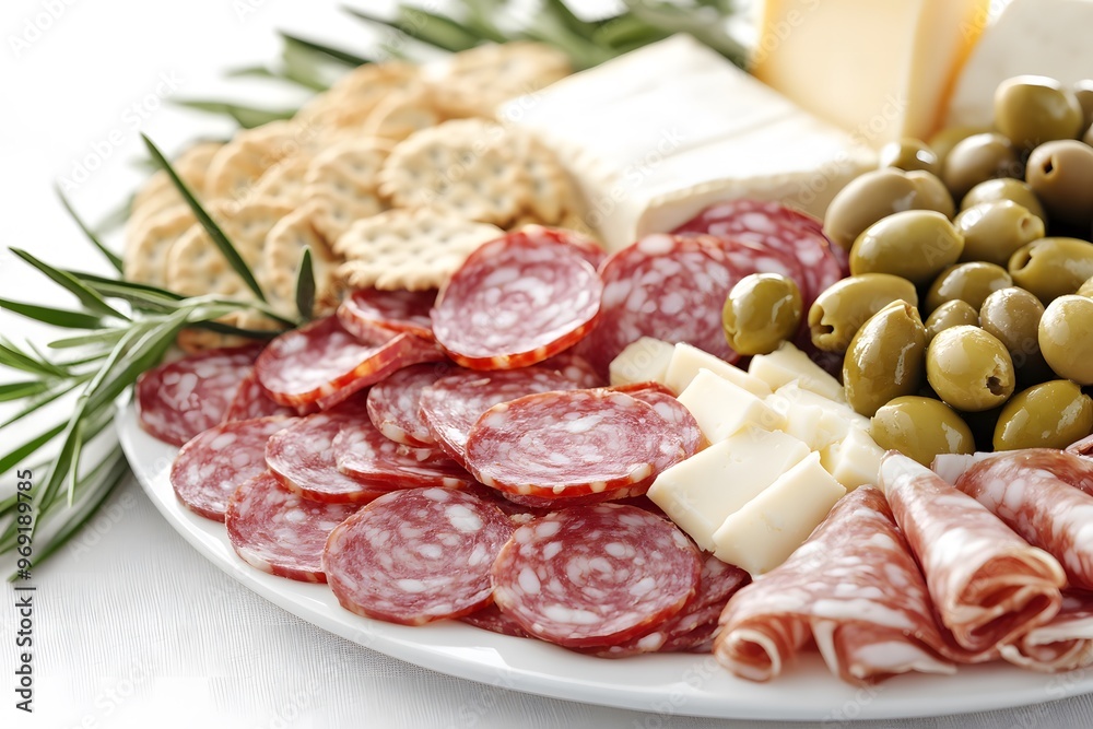 A platter of assorted salami with cheese, olives, and crackers, elegantly presented on a white tablecloth A platter of assorted salami with cheese, olives, and crackers, elegantly presented on a white tablecloth