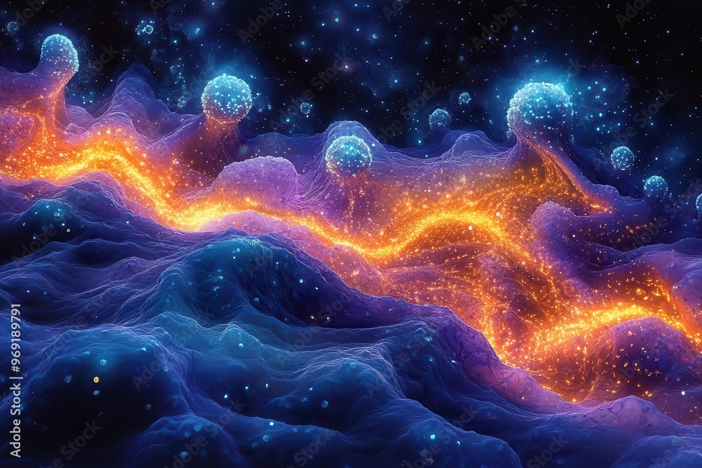 ethereal bioluminescent atp synthesis glowing mitochondria and enzymes dance in a pulsating cellular landscape energy ribbons intertwining amidst a vibrant otherworldly atmosphere