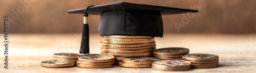 Graduation cap on top of a stack of coins, symbolizing investing in education, longterm financial returns, future career growth, knowledge as wealth photo