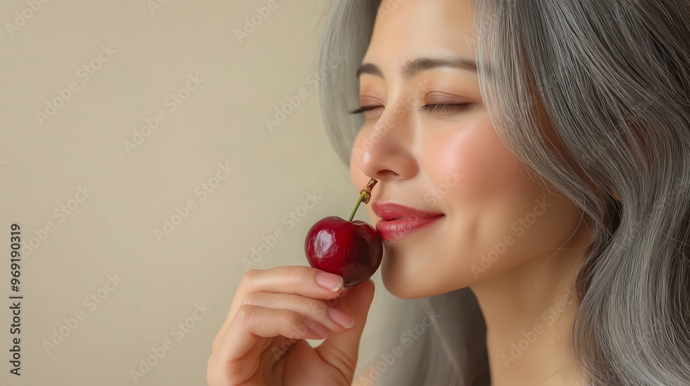 A mid-60s Asian woman with long gray hair joyfully savoring a ripe cherry against a soft beige background A mid-60s Asian woman with long gray hair joyfully savoring a ripe cherry against a soft beige background