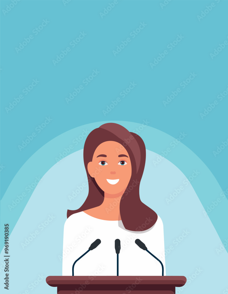 A Caucasian speaker stands behind a podium with microphones makes a business report and mark A Caucasian speaker stands behind a podium with microphones makes a business report and mark