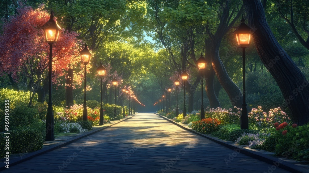 Obraz premium A path in the park lined with lamp posts, gently glowing as evening falls, with trees and flowers on either side.