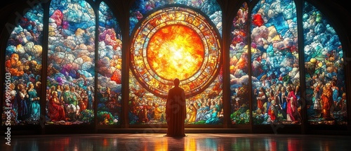 A Solitary Figure Gazing Through a Stained Glass Window Depicting a Radiant Celestial Scene