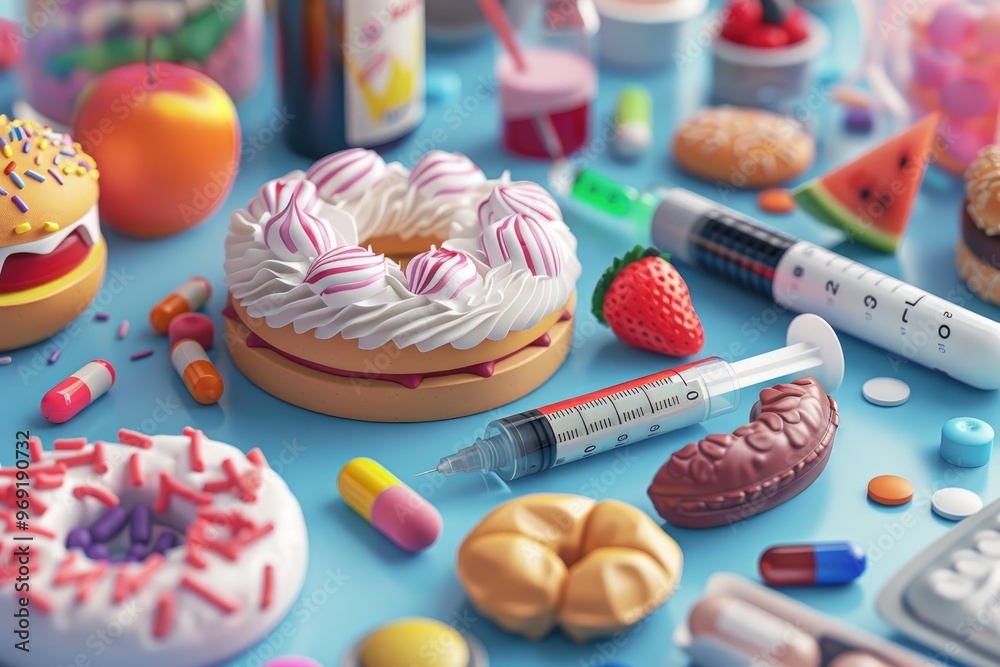 Fototapeta premium Junk Food and Medication on Blue Background