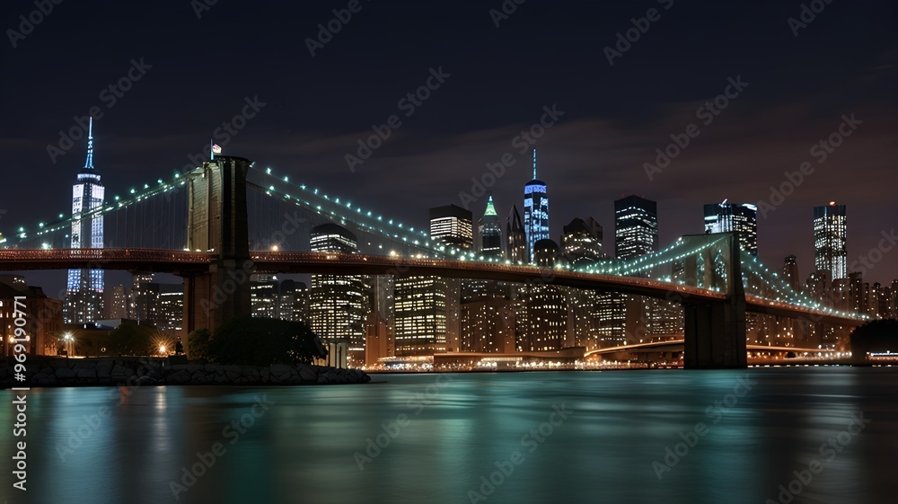 Fototapeta premium Bright nighttime image of the Manhattan skyline featuring the Brooklyn Bridge, lit-up buildings, and water reflections