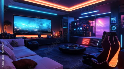 A luxurious gaming room with a home theater system, immersive gaming monitors, and sleek design elements