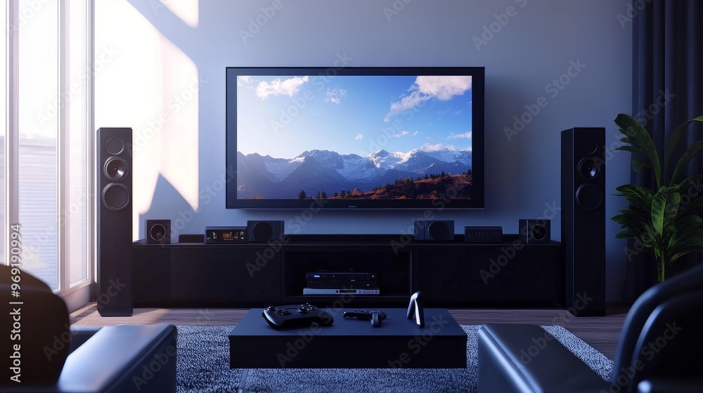 A minimalist gaming room with a large TV, sleek black furniture, and a streamlined gaming console setup. A minimalist gaming room with a large TV, sleek black furniture, and a streamlined gaming console setup.