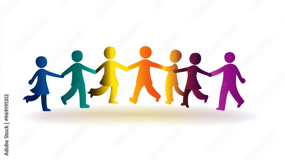 Human figures holding hands in a color gradient. Symbol of workplace unity, diversity, trust, empathy, harmony, togetherness, teamwork on White isolated background Human figures holding hands in a color gradient. Symbol of workplace unity, diversity, trust, empathy, harmony, togetherness, teamwork on White isolated background