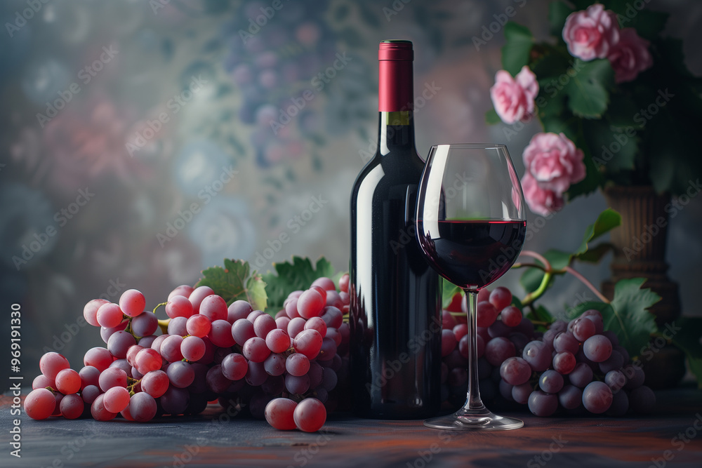 Obraz premium Bottle of red wine, glass of red wine, and grapes on table. Grapes are seedless fruit from a flowering plant, used as ingredient in natural foods. Copy space