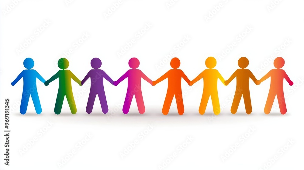 Human figures holding hands in a color gradient. Symbol of workplace unity, diversity, trust, empathy, harmony, togetherness, teamwork on White isolated background Human figures holding hands in a color gradient. Symbol of workplace unity, diversity, trust, empathy, harmony, togetherness, teamwork on White isolated background