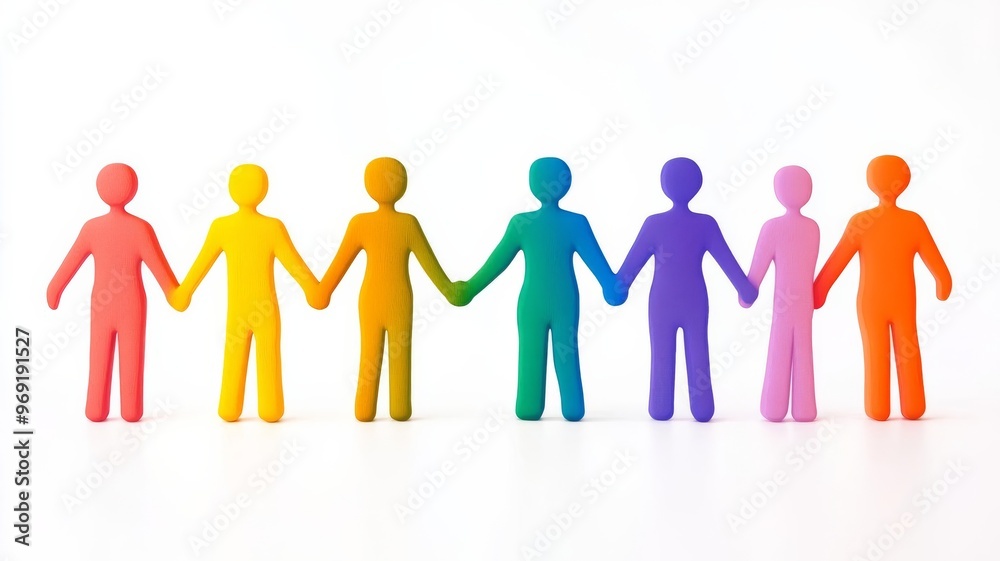 Human figures holding hands in a color gradient. Symbol of workplace unity, diversity, trust, empathy, harmony, togetherness, teamwork on White isolated background Human figures holding hands in a color gradient. Symbol of workplace unity, diversity, trust, empathy, harmony, togetherness, teamwork on White isolated background