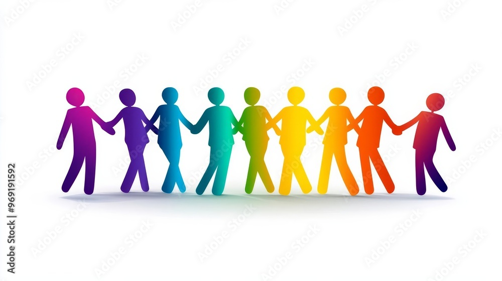 Human figures holding hands in a color gradient. Symbol of workplace unity, diversity, trust, empathy, harmony, togetherness, teamwork on White isolated background Human figures holding hands in a color gradient. Symbol of workplace unity, diversity, trust, empathy, harmony, togetherness, teamwork on White isolated background