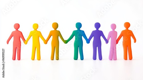 Human figures holding hands in a color gradient. Symbol of workplace unity, diversity, trust, empathy, harmony, togetherness, teamwork on White isolated background