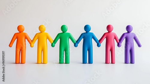 Human figures holding hands in a color gradient. Symbol of workplace unity, diversity, trust, empathy, harmony, togetherness, teamwork on White isolated background