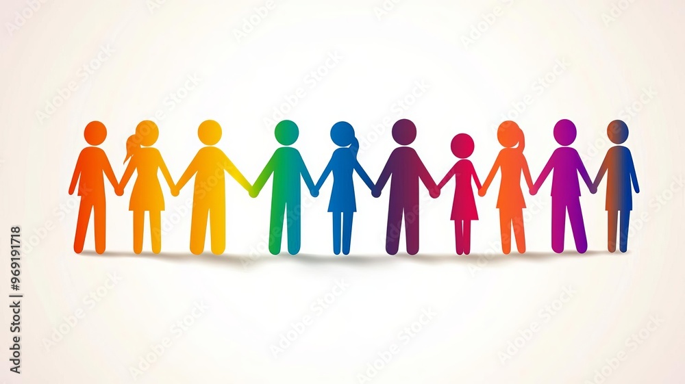Human figures holding hands in a color gradient. Symbol of workplace unity, diversity, trust, empathy, harmony, togetherness, teamwork on White isolated background Human figures holding hands in a color gradient. Symbol of workplace unity, diversity, trust, empathy, harmony, togetherness, teamwork on White isolated background