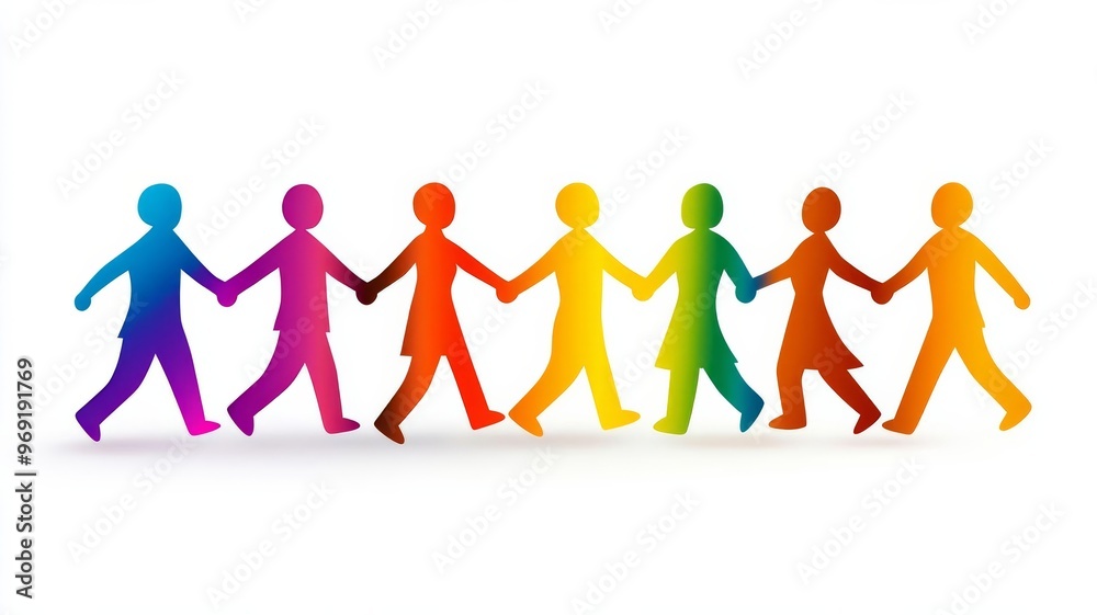 Human figures holding hands in a color gradient. Symbol of workplace unity, diversity, trust, empathy, harmony, togetherness, teamwork on White isolated background Human figures holding hands in a color gradient. Symbol of workplace unity, diversity, trust, empathy, harmony, togetherness, teamwork on White isolated background