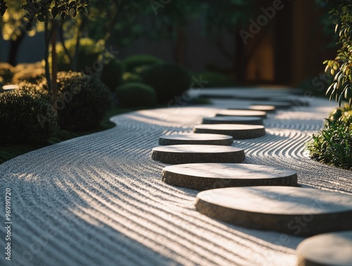 Zen Garden Raked into Intricate Patterns Next to Smooth Stepping Stones photo