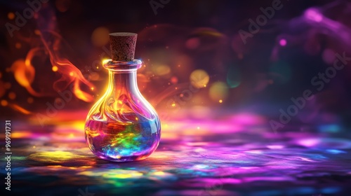 Glowing potion bottle with vibrant colors, magical