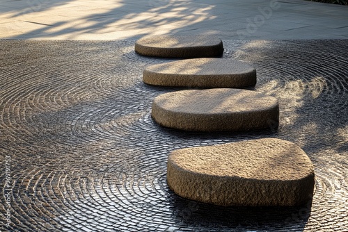 Zen Garden Raked into Intricate Patterns Next to Smooth Stepping Stones photo