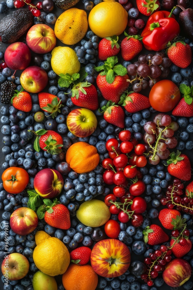A vibrant display of fresh vegetables and berries including tomatoes, grapes and strawberries, creating a colorful and healthy food backdrop A vibrant display of fresh vegetables and berries including tomatoes, grapes and strawberries, creating a colorful and healthy food backdrop