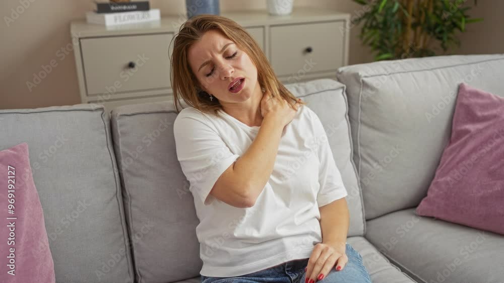 A young blonde woman experiencing neck pain is sitting on a sofa in a cozy living room, showcasing a painful expression in a beautifully decorated home interior. A young blonde woman experiencing neck pain is sitting on a sofa in a cozy living room, showcasing a painful expression in a beautifully decorated home interior.