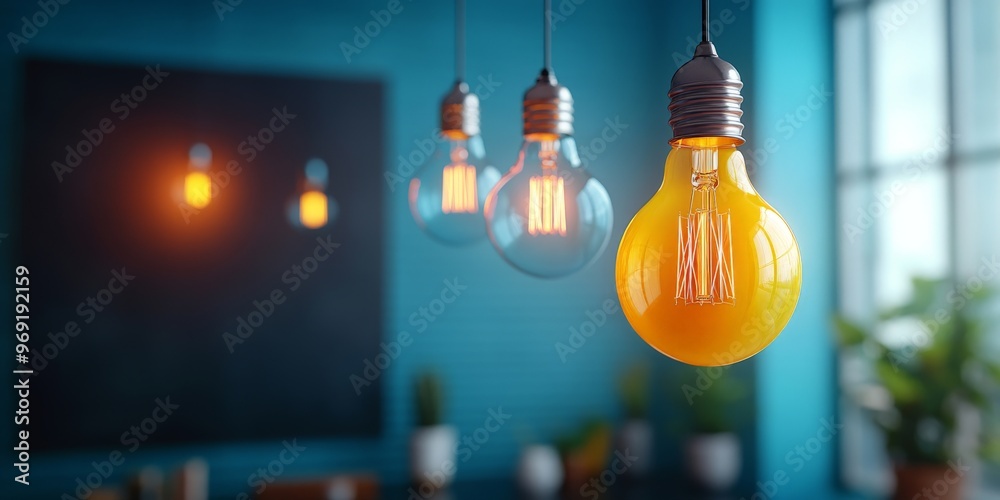 A blackboard background with light bulb in different colors hanging from the top, symbolizing ideas and creativity. A blackboard background with light bulb in different colors hanging from the top, symbolizing ideas and creativity.