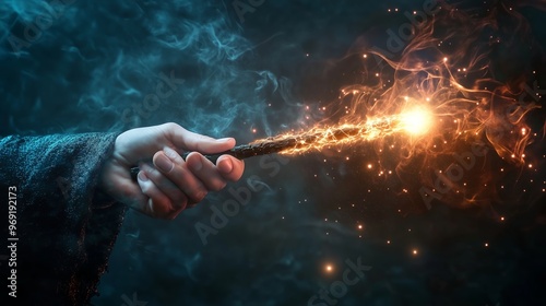 A wizard casting a spell with a glowing wand surrounded by swirling magical energy in a dark mystical setting photo
