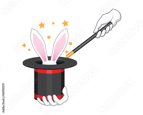 vector design of a black magician's hat and wand with red stripes and bunny ears sticking out of the hole in the hat