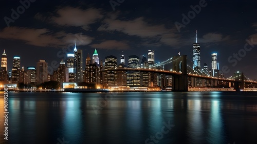 Bright nighttime image of the Manhattan skyline featuring the Brooklyn Bridge, lit-up buildings, and water reflections