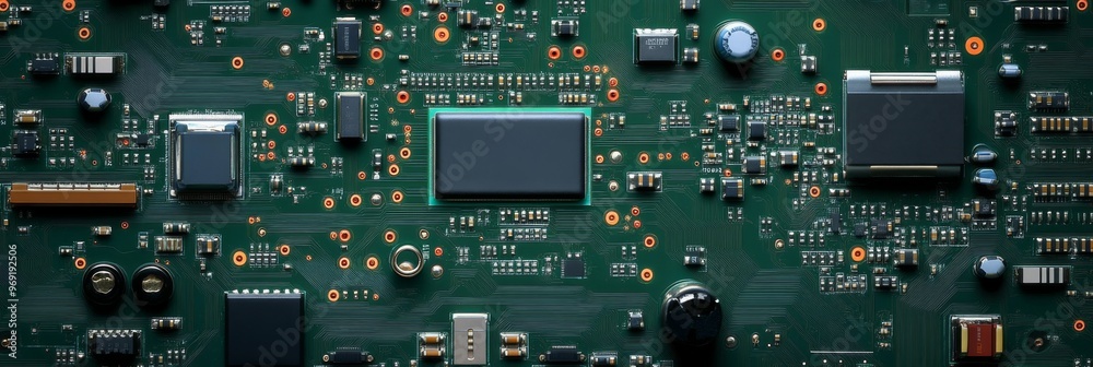 Closeup of green electronic circuit board with radio parts and chip processors background Closeup of green electronic circuit board with radio parts and chip processors background