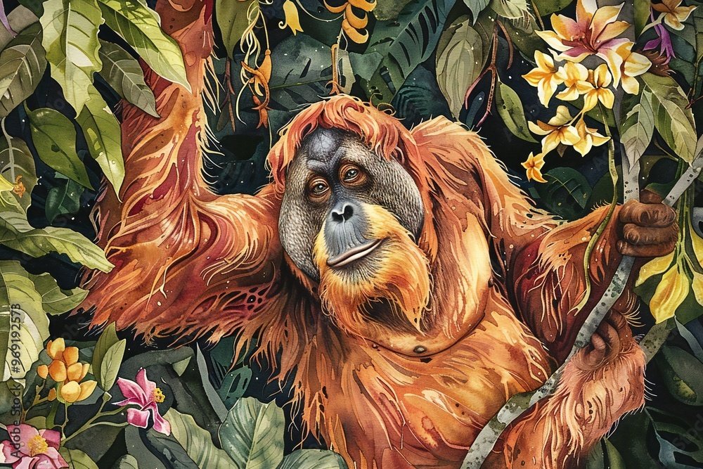 Obraz premium an Orangutan hanging from a tree in a dense Bornean jungle with tropical flowers and vines , watercolor illustration, created by ai