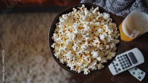 Bowl of fresh popcorn with remote control and drink on cozy home setting photo