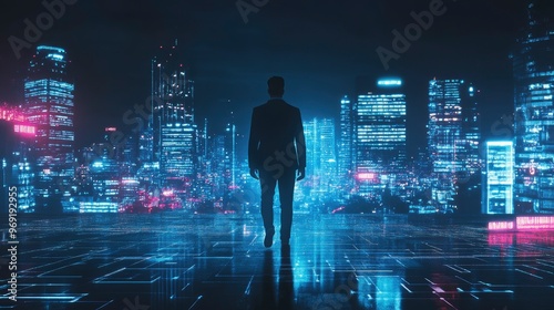 Business technology concept, Professional business man walking on future Bangkok city background and futuristic interface graphic at night, with generative ai