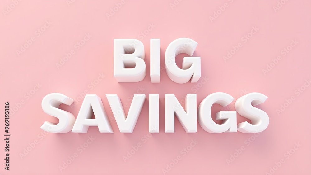 Big Savings 3D letters on soft pink background minimalist style Big Savings 3D letters on soft pink background minimalist style