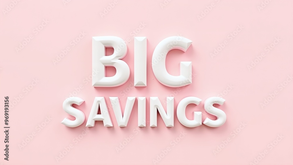 Big Savings 3D letters on soft pink background minimalist style Big Savings 3D letters on soft pink background minimalist style