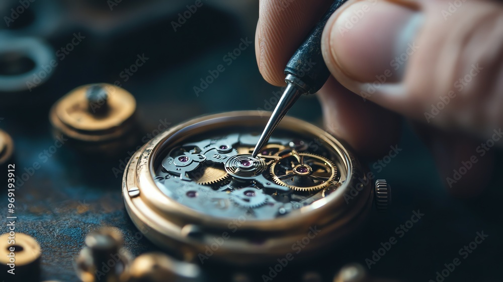 A watchmaker uses a screwdriver to repair a watch movement. A watchmaker uses a screwdriver to repair a watch movement.