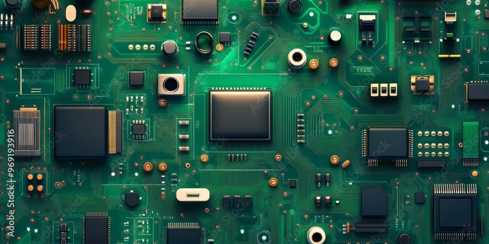 Closeup of green electronic circuit board with radio parts and chip processors background Closeup of green electronic circuit board with radio parts and chip processors background