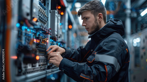 Male technician working on industrial control panel in data center