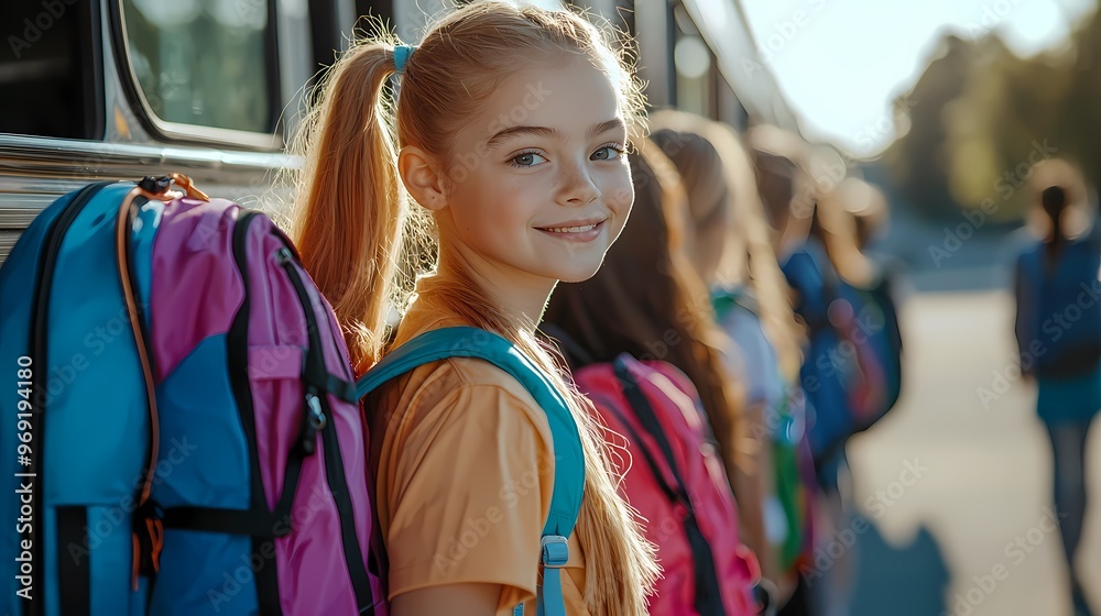 Smiling Caucasian girl with a backpack waiting for the school bus. Smiling Caucasian girl with a backpack waiting for the school bus.