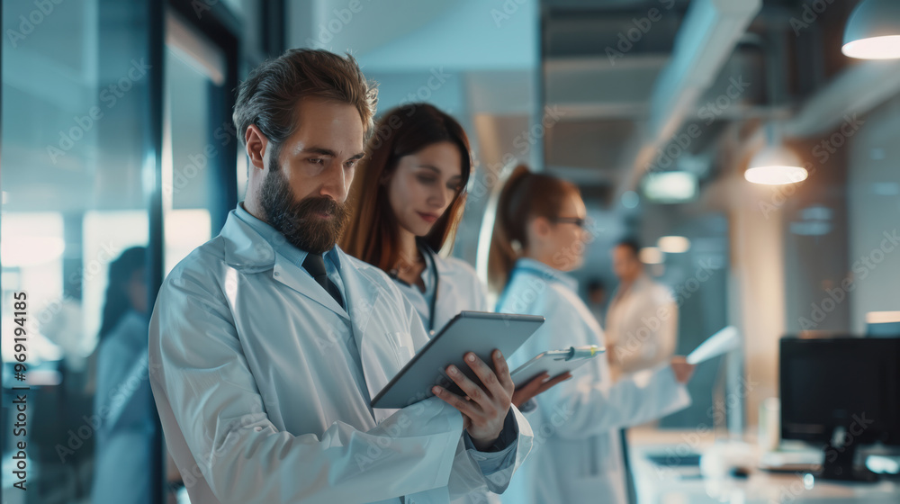 Scientists analyzing data in modern laboratory setting using digital tablets and technological equipment Scientists analyzing data in modern laboratory setting using digital tablets and technological equipment