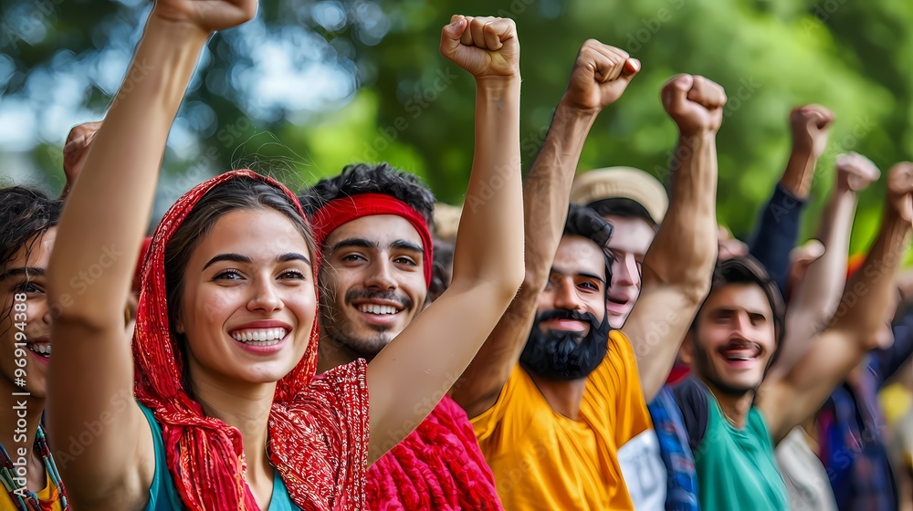 Smiling young adults celebrating with raised arms at a vibrant outdoor gathering. Smiling young adults celebrating with raised arms at a vibrant outdoor gathering.